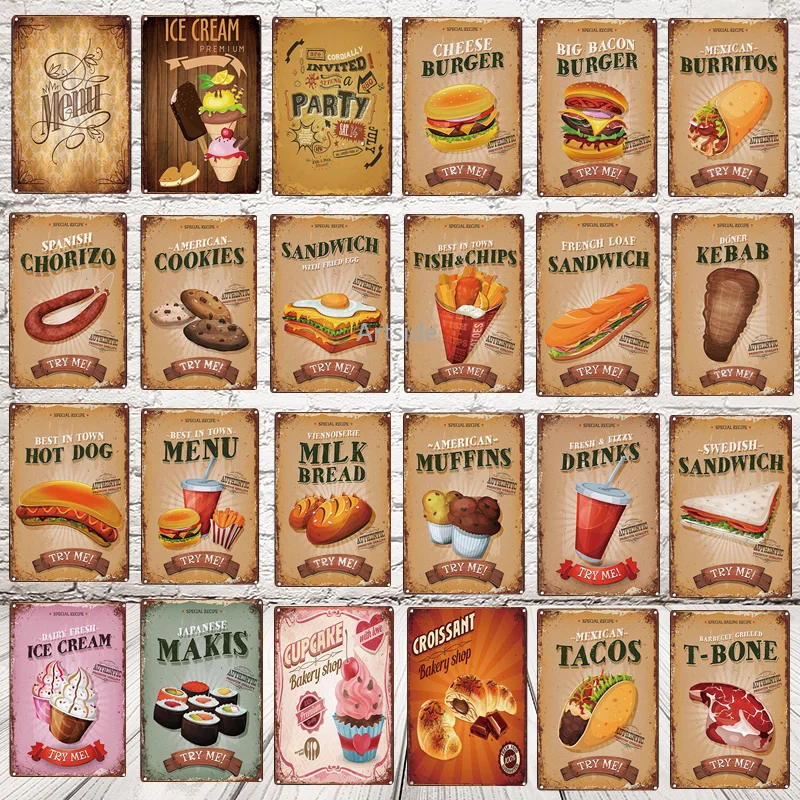 

Menu Sandwiches Ice Cream Burger Tin Sign Restaurant Fast Food Store Metal Tinplate Poster Kitchen Wall Decor Vintage Plaques