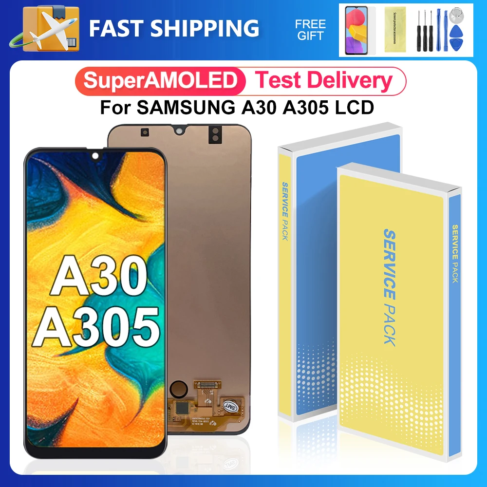 ЖК-дисплей 6,4 дюйма Super AMOLED для Samsung Galaxy A30, ЖК-дисплей, сенсорный экран, дигитайзер в сборе, деталь A305F A305G, экран с рамкой