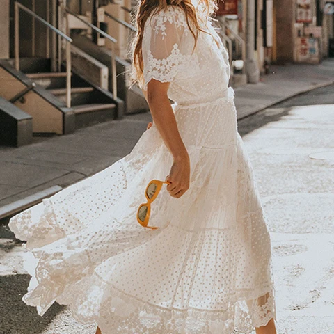 2023 Summer Women Fashion Short Sleeve V-Neck Beach Long Dress Elegant Mesh Lace Panel Embroidery Dress Boho White Loose Dresses