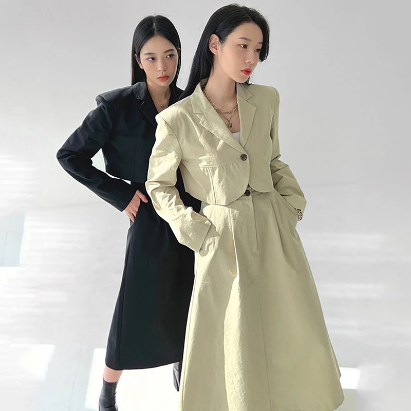 

Korean chic spring suit collar one button long-sleeved short jacket + high-waisted swing-type skirt suit women
