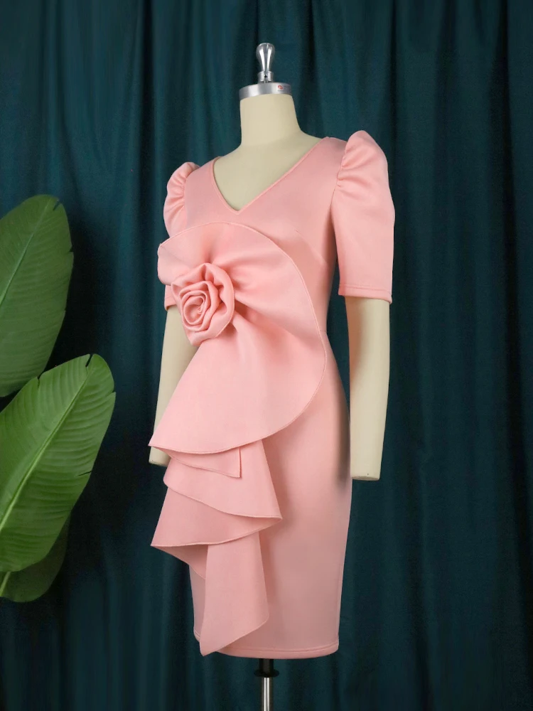 Plus Size Floral Dresses for Women 2023 Elegant Pink Short Sleeves Big Flower Ruffles Package Hip Event Prom Occasion Homecoming
