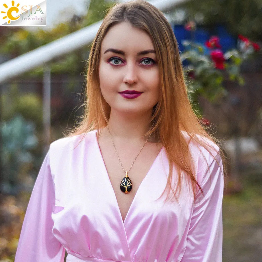 CSJA Дерево жизни кристаллы ожерелье подвеска в виде капли воды натуральный камень