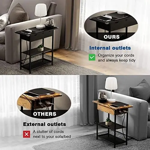 

Side Table with USB Ports and Outlets, Narrow End Table with Storage Shelf for Small Spaces Bedside Nightstand with Charging Sta