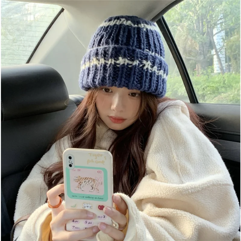 

Beanie Korean Striped Beanies Autumn and Winter Versatile Knitted Cap Loose Fashion Men Pullover Caps Fashion Warm Women's Hats