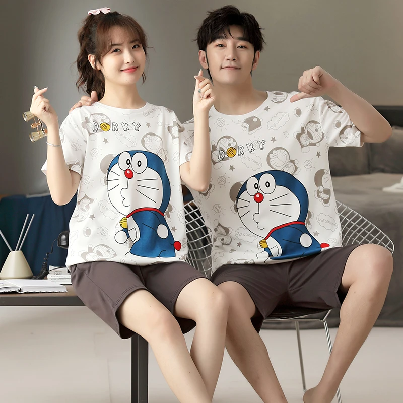 Couple Pajamas Sets Women Man Anime Doraemon Pijama Cotton Korean Men Sleepwear Short Sleeve Cute Lovers Women Nightwear