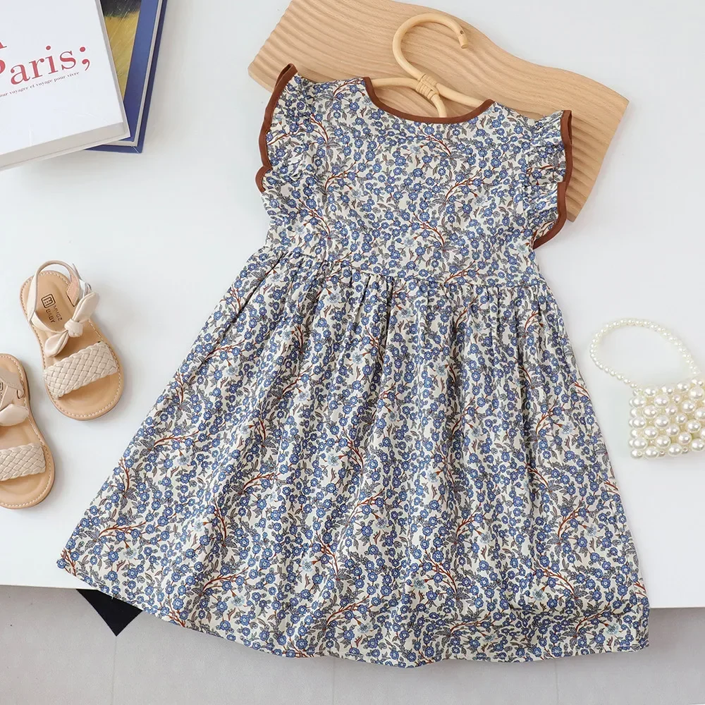 Летняя одежда для маленьких девочек летающее платье с круглым вырезом и
