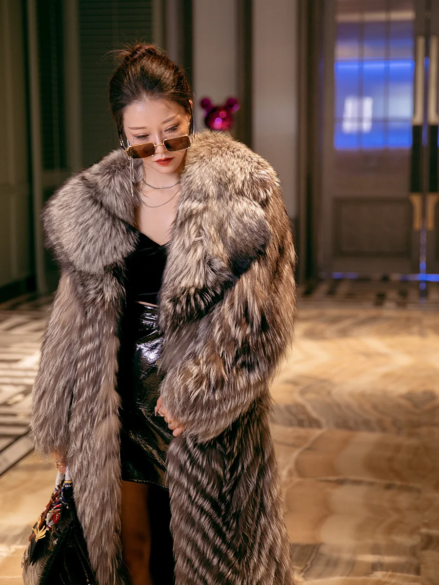 High-Grade Socialite Style Fur Coat Imported Silver Fox Fox Fur Silver Fox natural color
