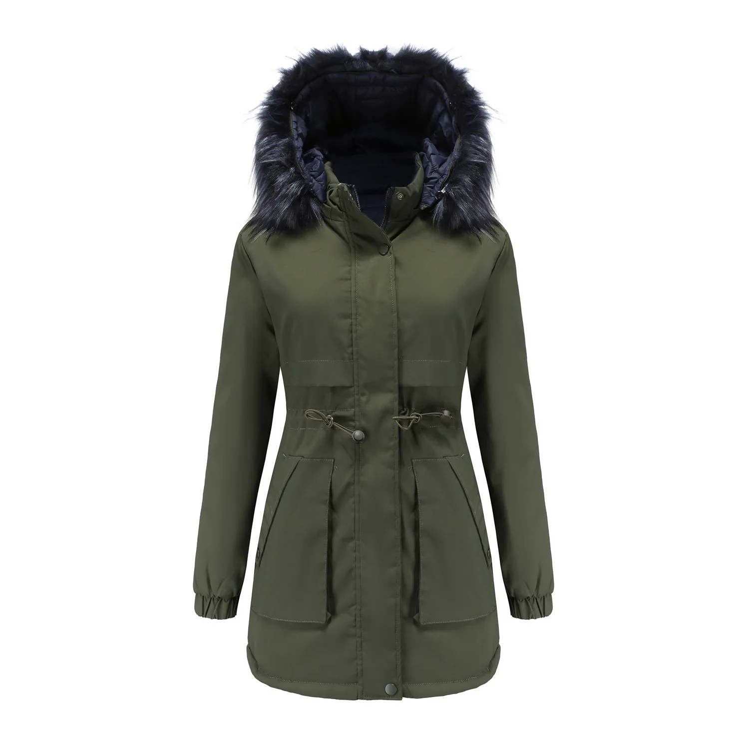 New Reversible Long Jacket for Women Winter Outdoor Hooded Warm Coat with Faux Fur Collar Windproof Cotton Padded Outwear
