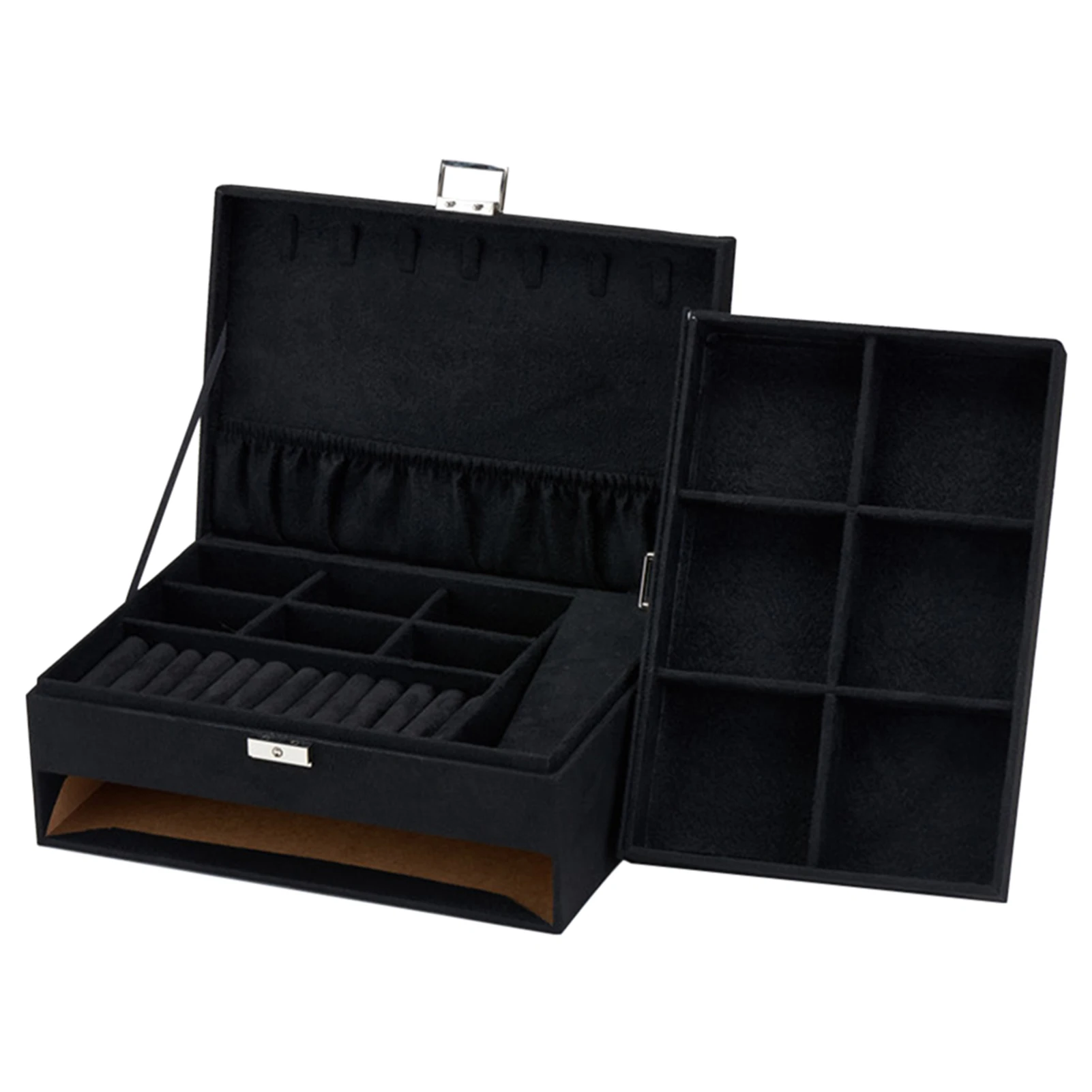 

Storage Holder For Women Desktop Organizer Earring Necklace Home Double Layers With Lock Drawer Design Faux Suede Jewelry Box