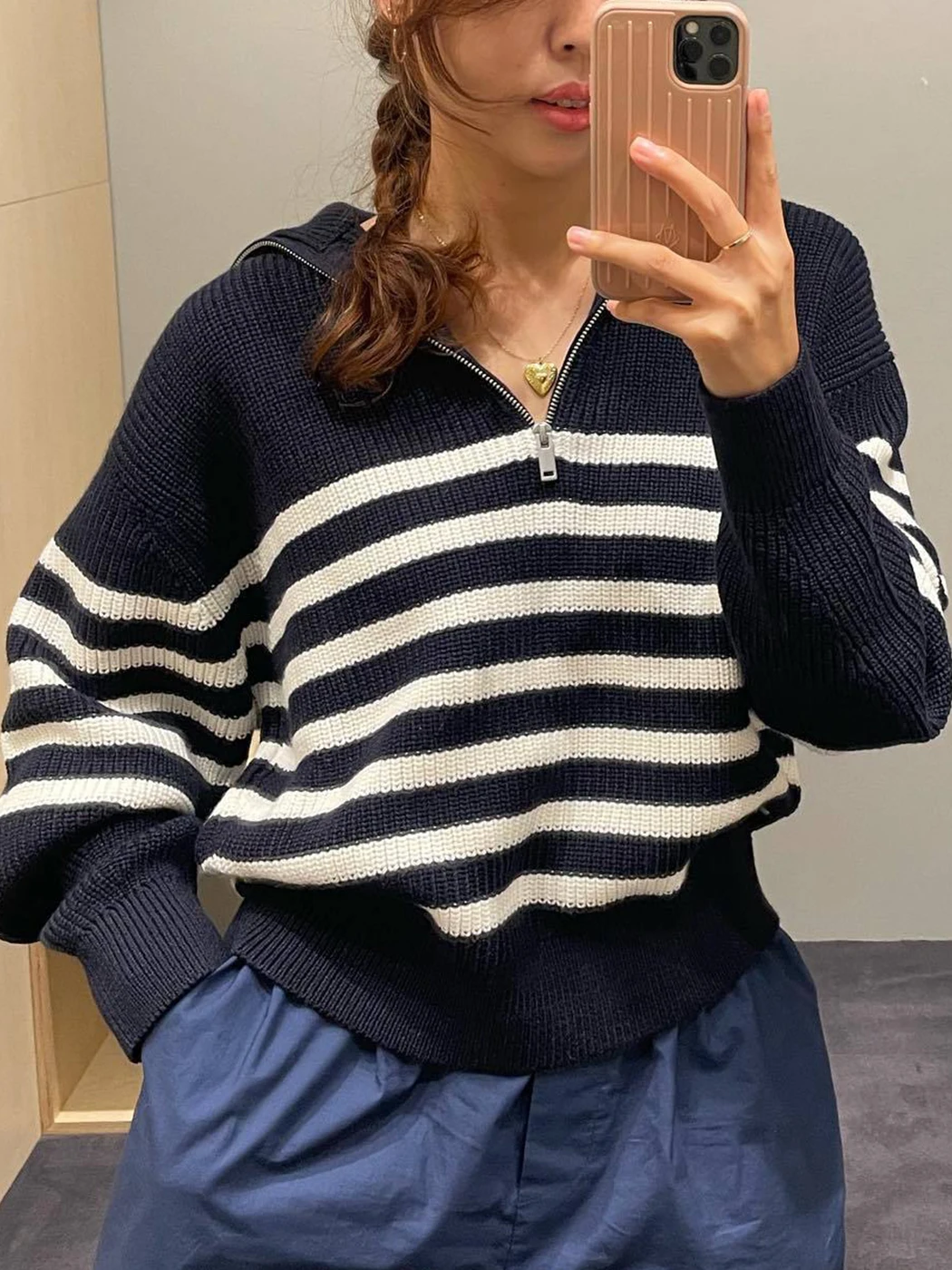 Ribbed Stripes Half-Zip Sweater Women 2022 Autumn Mock Neck Knitted Pullovers Jumpers Femme Fashion Streetwear Sweater Tops