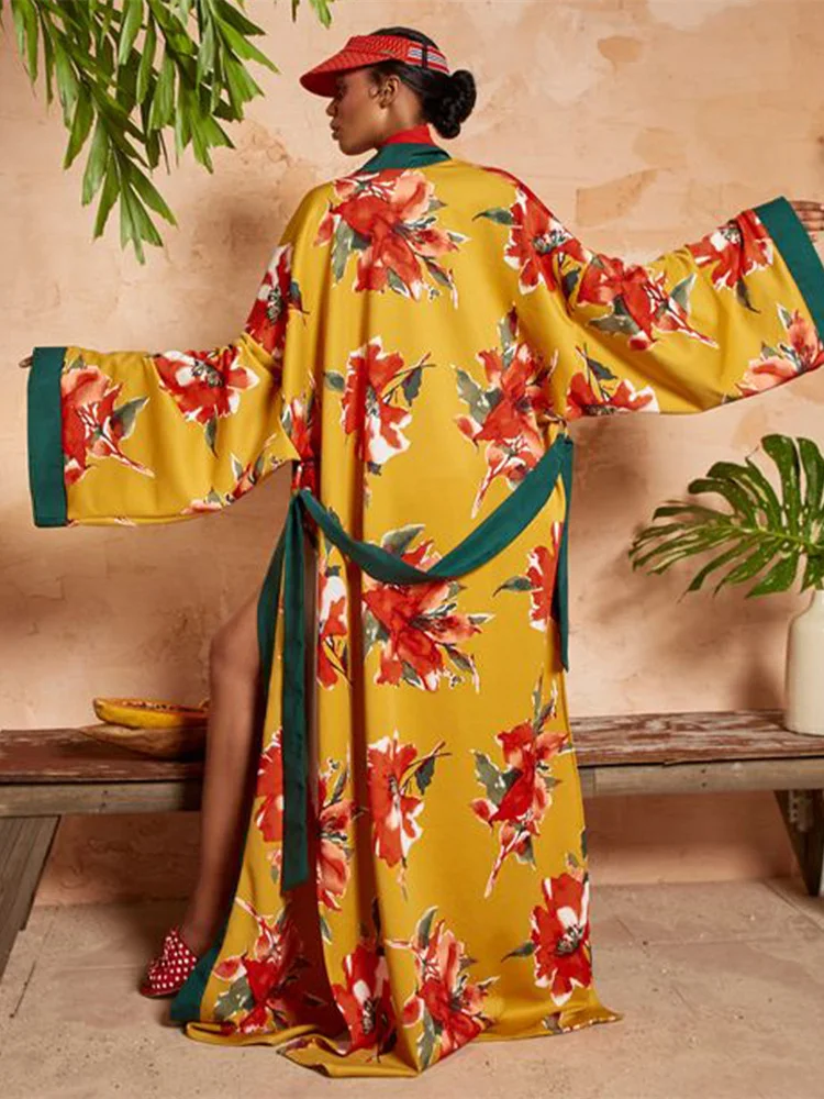 

EDOLYNSA Boho Printed Long Kimono Dress Bathing Suit Cover-ups Summer Clothing Tunic Women Beach Wear Swim Suit Cover Up A2019