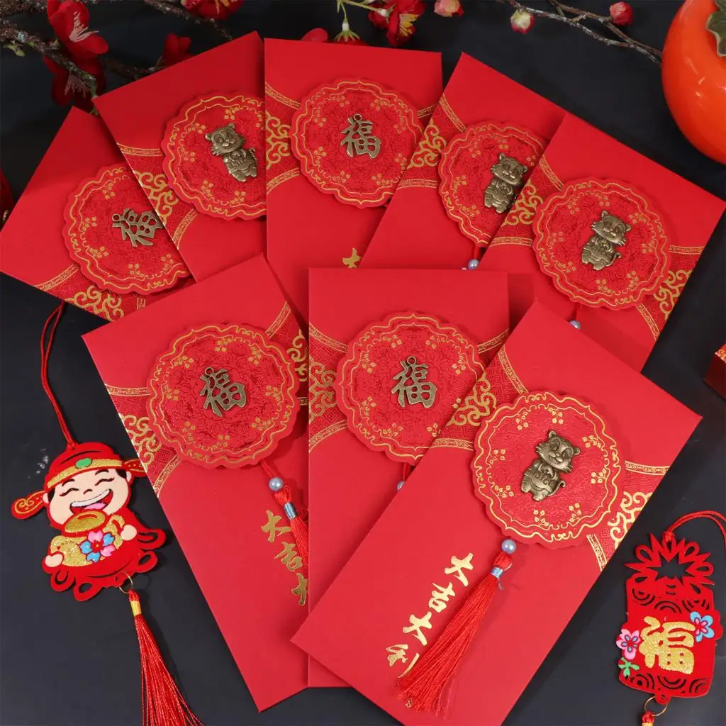 

8pcs Chinese New Year Red Envelope Red Packet for Lucky Money 2022 Year Of The Tigers Traditional Embossed Patterns Hongbao
