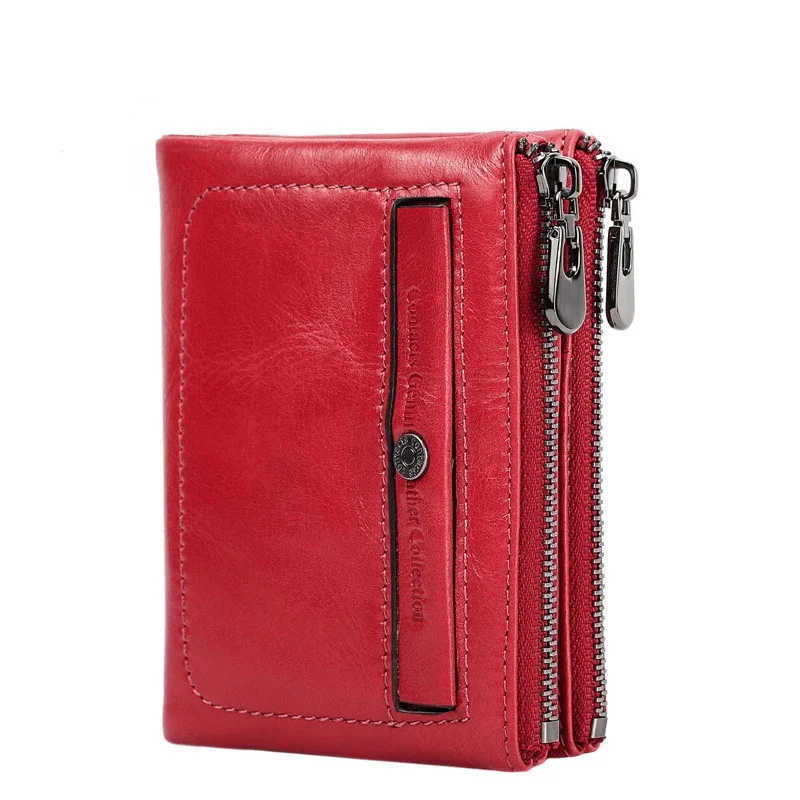 Head Layer Cowhide Women Anti-theft Brush Wallet Genuine Leather Fashion Two Fold Double Zipper Zero Wallet High Quality Purse