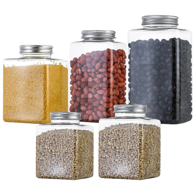 

6pcs 500-750ml Transparent Grain Storage Jars PET Sealing Tank Coarse Cereals Nut Candy Storage Organizer Kitchen Accessories