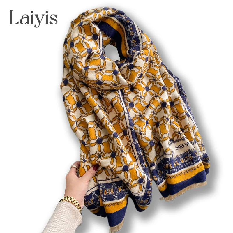 

2022 Design Caps Cashmere Scarf Women Luxury Shawl Thick Blanket Winter Warm Pashmina Neckchief Bufanda Echarpe Bandana Poncho