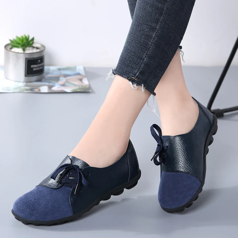 

Comemore 2023 Spring Women Ballerina Flats Woman Leather Shoes Moccasins Lace Up Loafers White Ladies Shoe Zapatos De Mujer 43