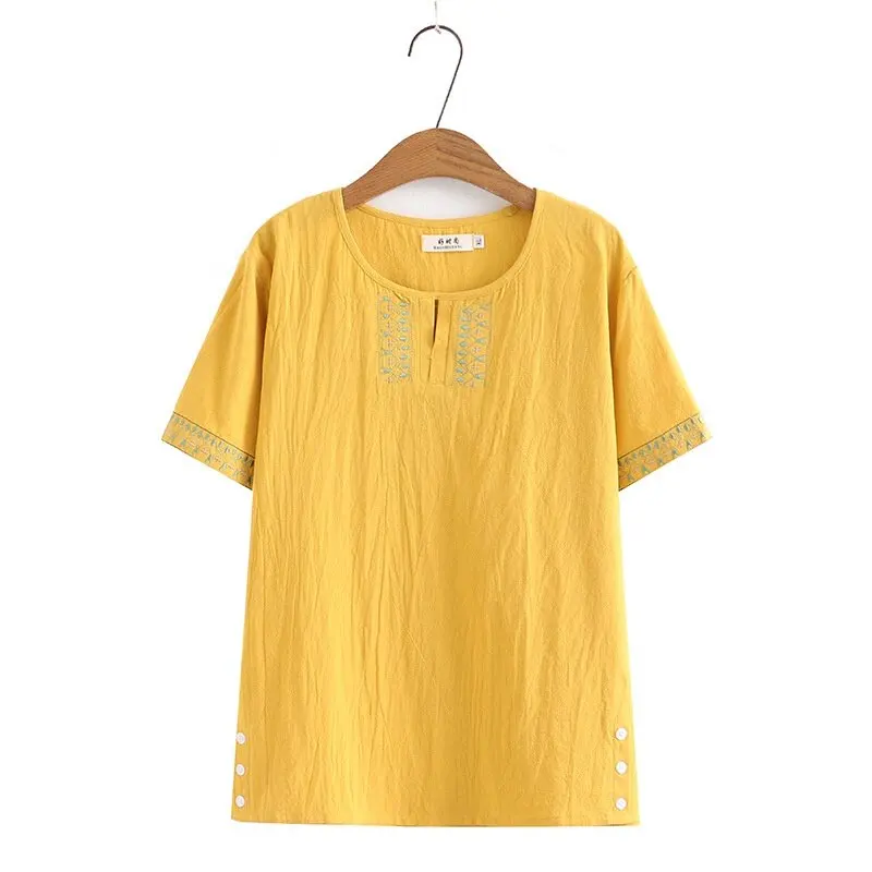 Plus Size Women's Short Sleeve Full Cotton Summer Shirts Oversized A-line Vintage Female Tops Large Size Fashion Embroidery Top