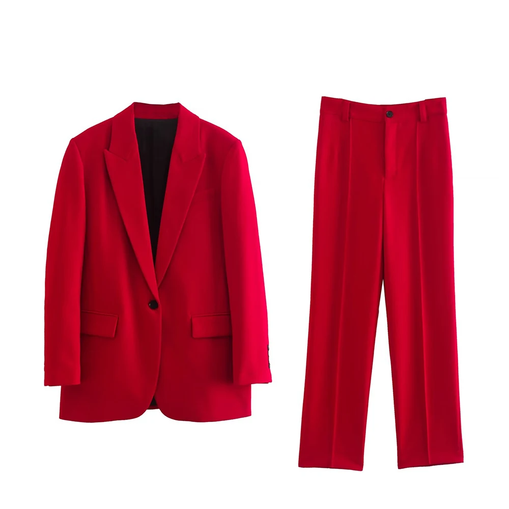 

PB&ZA Women's Suit Fall 2022 new fashion temperament commuter baggy pocket decoration red suit jacket and trousers two piece