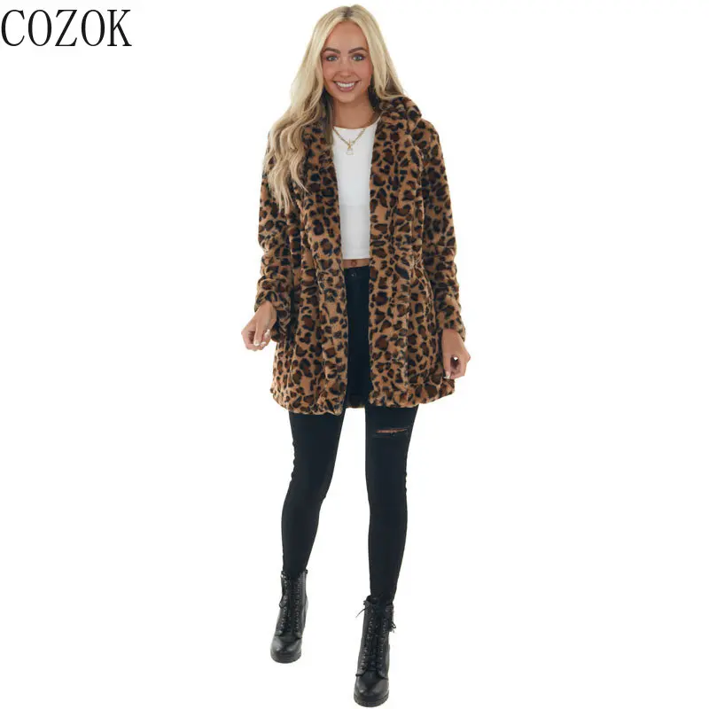 Leopard Print Mid-Length Women's Clothing Fashion Temperament Coat Loose Velvet with Pockets enlarge
