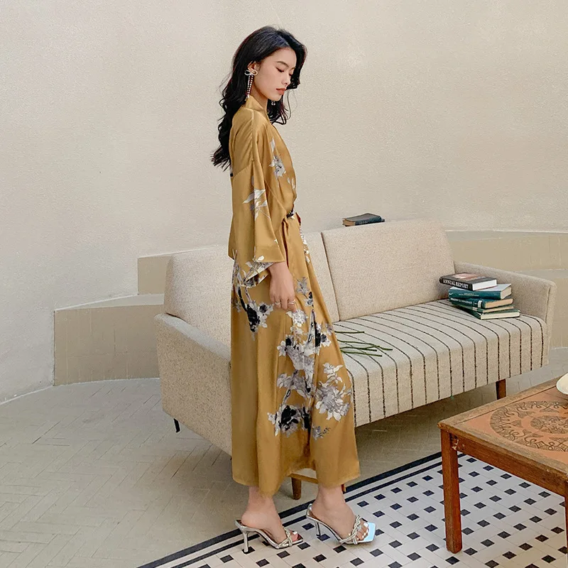 2023 New Nightgown Women's Spring and Summer Thin Section Ice Silk Satin Printing National Style Tie Morning Robe Bathrobe