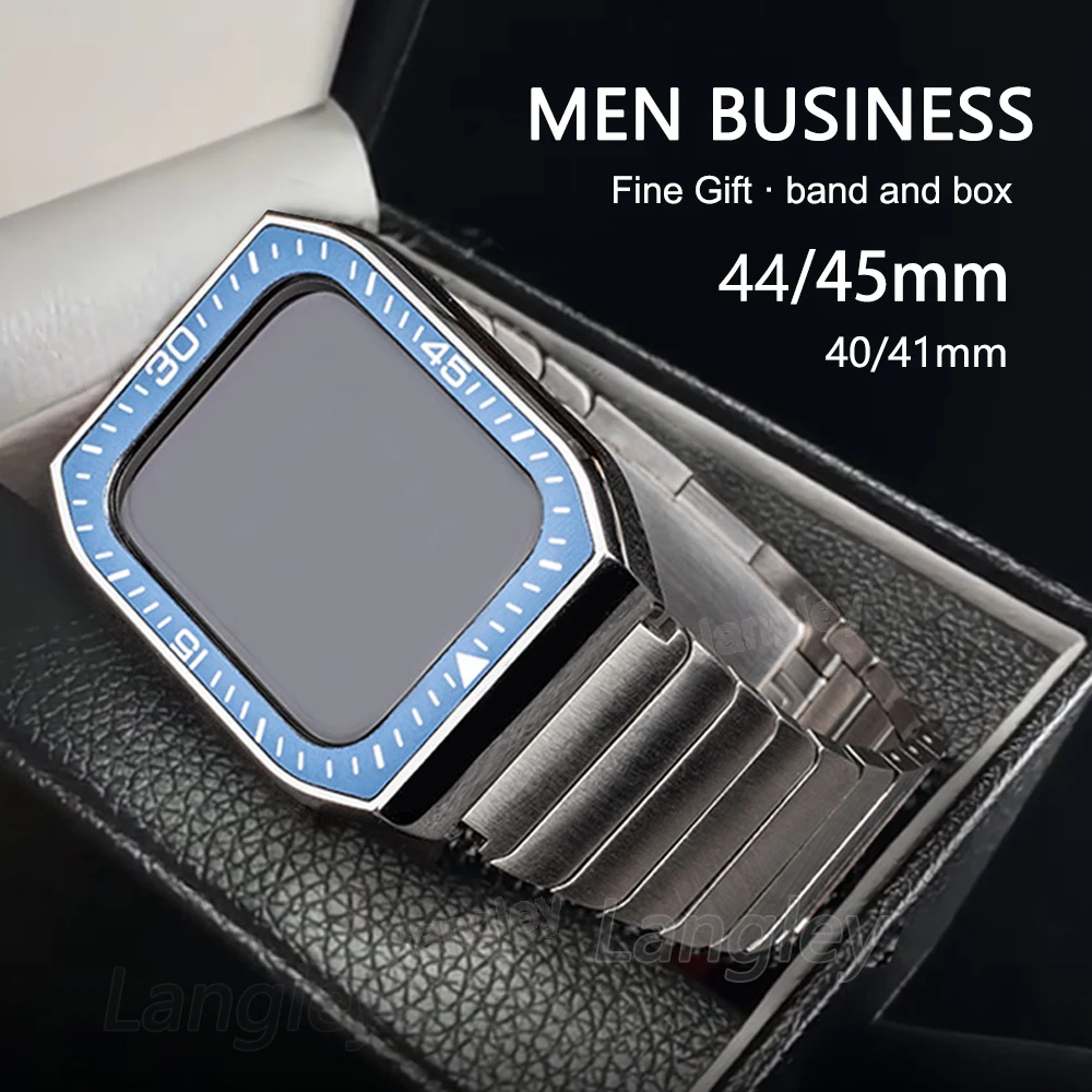 

Box Band Case for For Apple Watch 44mm 45mm Stainless Steel Bracelet for Apple Watch Series 7 6 5 4 SE 41mm 40mm Leather Strap