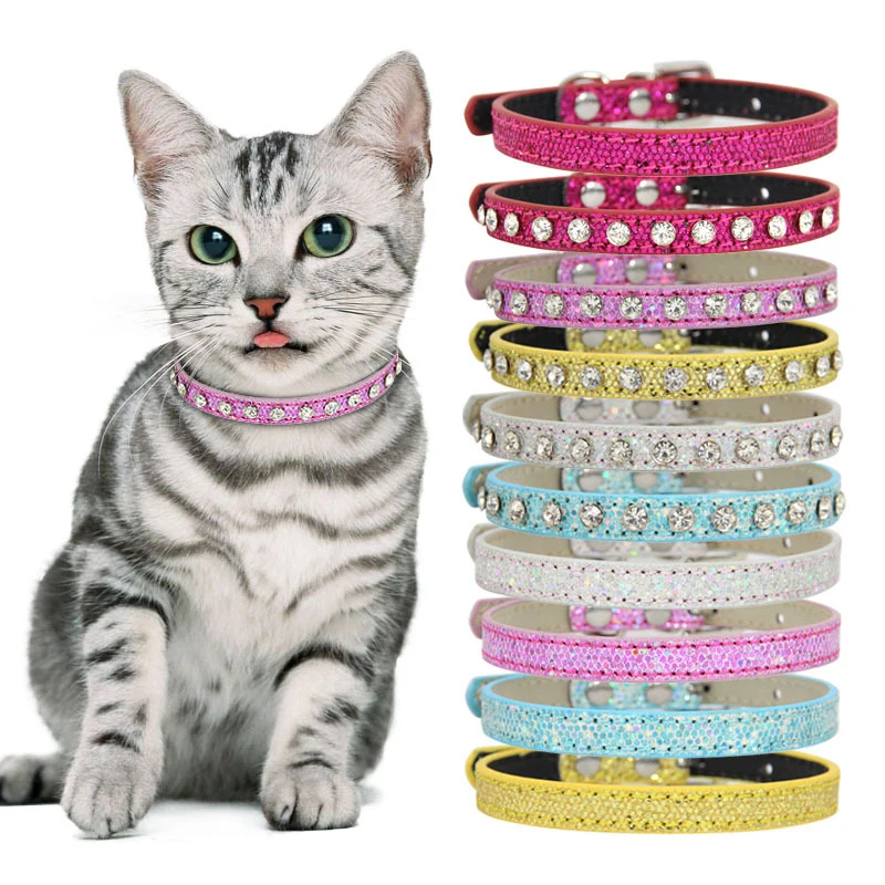 

PU Leather Shining Rhinestone Cat Collar Leather Puppy Dog Collars Cute Crystal Dog Collar Strap Kitten Accessories Pet Products