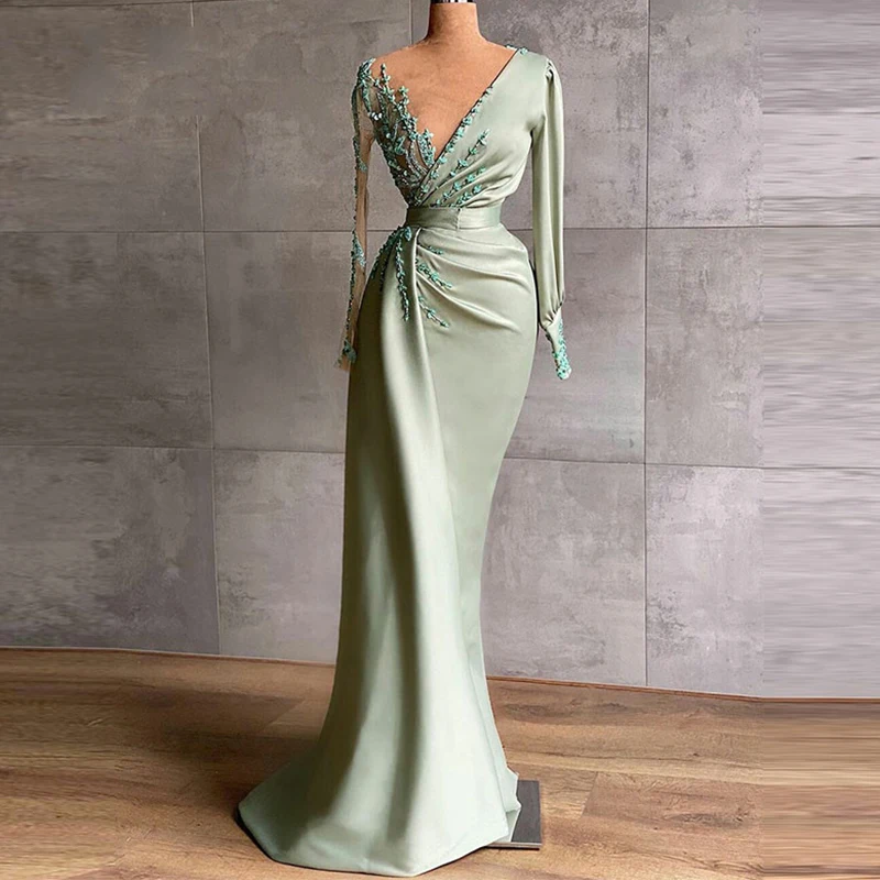 

2023 Sexy Cocktail Dress Long Sleeves Deep V-Neck Mermaid Prom Formal Party Dress Beading Satin Vestido De Gala