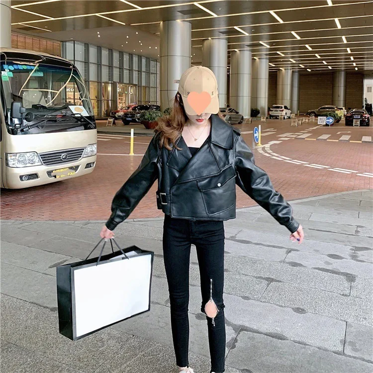 Women Short  Leather Coat Fall 2022 American Retro Loose Leather Cardigan Jacket Cool Girl Hip Pop Leather Jacket  Zippers  Y2K