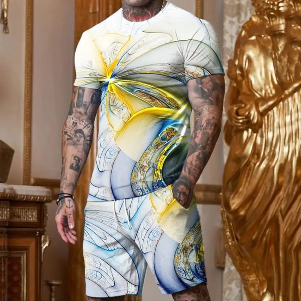 3D Printed Men Clothes Plus Size T-shirt Suits Colorful Graphic Round Neck Ropa Fashion Designer Short Sleeve 2 Pieces Summer
