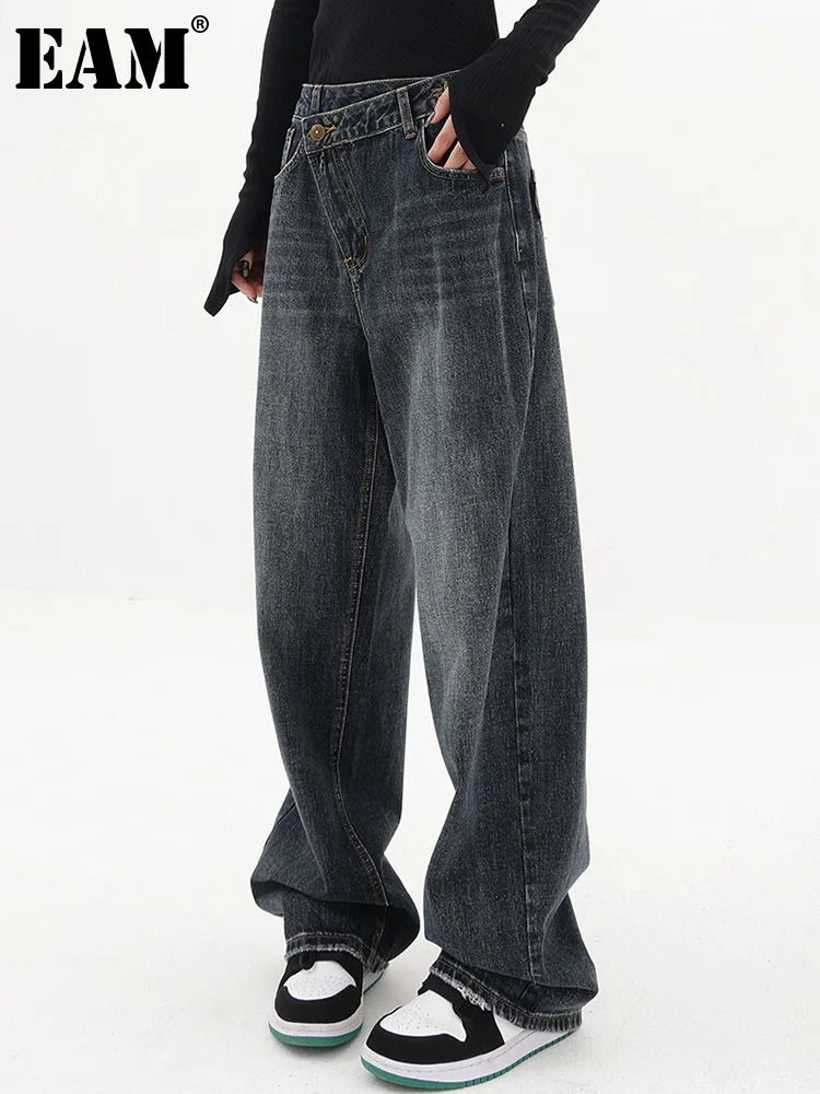 

[EAM] Черные длинные джинсы с высокой талией Irreuglar, свободные женские джинсы с широкими карманами, модные брюки весна-осень 2022 1DF3599