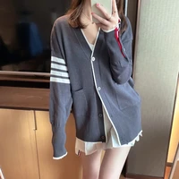 trendy brand sweater women loose outer wear 2021 college style v neck knitted cardigan four bar sweater gray top
