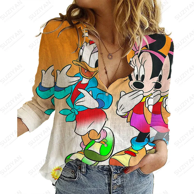 

Women'S Fashion Printed Tops Long Sleeve Blouse Lapel Camisa Disney Minnie Blous Elegant Turn-Down Collar Blouse
