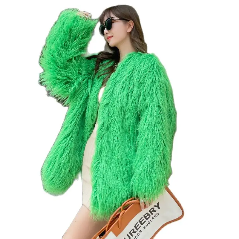 

Пальто из овечьей шерсти женское, Пляжная свободная одежда средней длины с имитацией меха, с V-образным вырезом, в европейском и американском стиле, для зимы