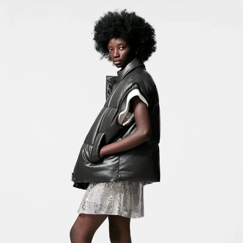 Autumn and Winter New Women's Leather Vest Loose Women's Stand Collar PU Warm Sleeveless Cotton Jacket