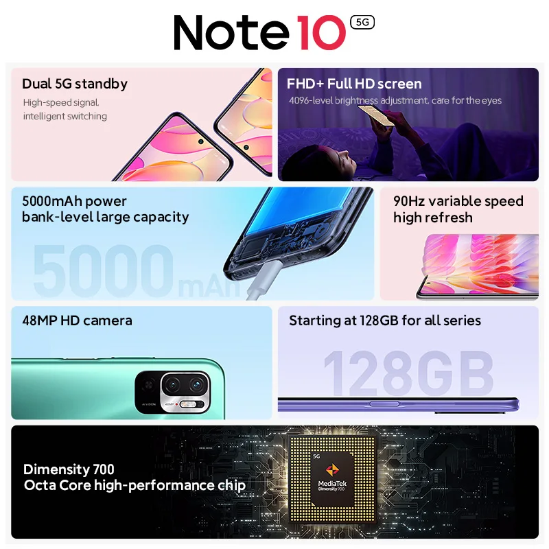 Global Version Xiaomi Redmi Note 10 5G 4GB 128GB Smartphone Dimensity 700 90Hz Display 48MP Camera 5000mAh