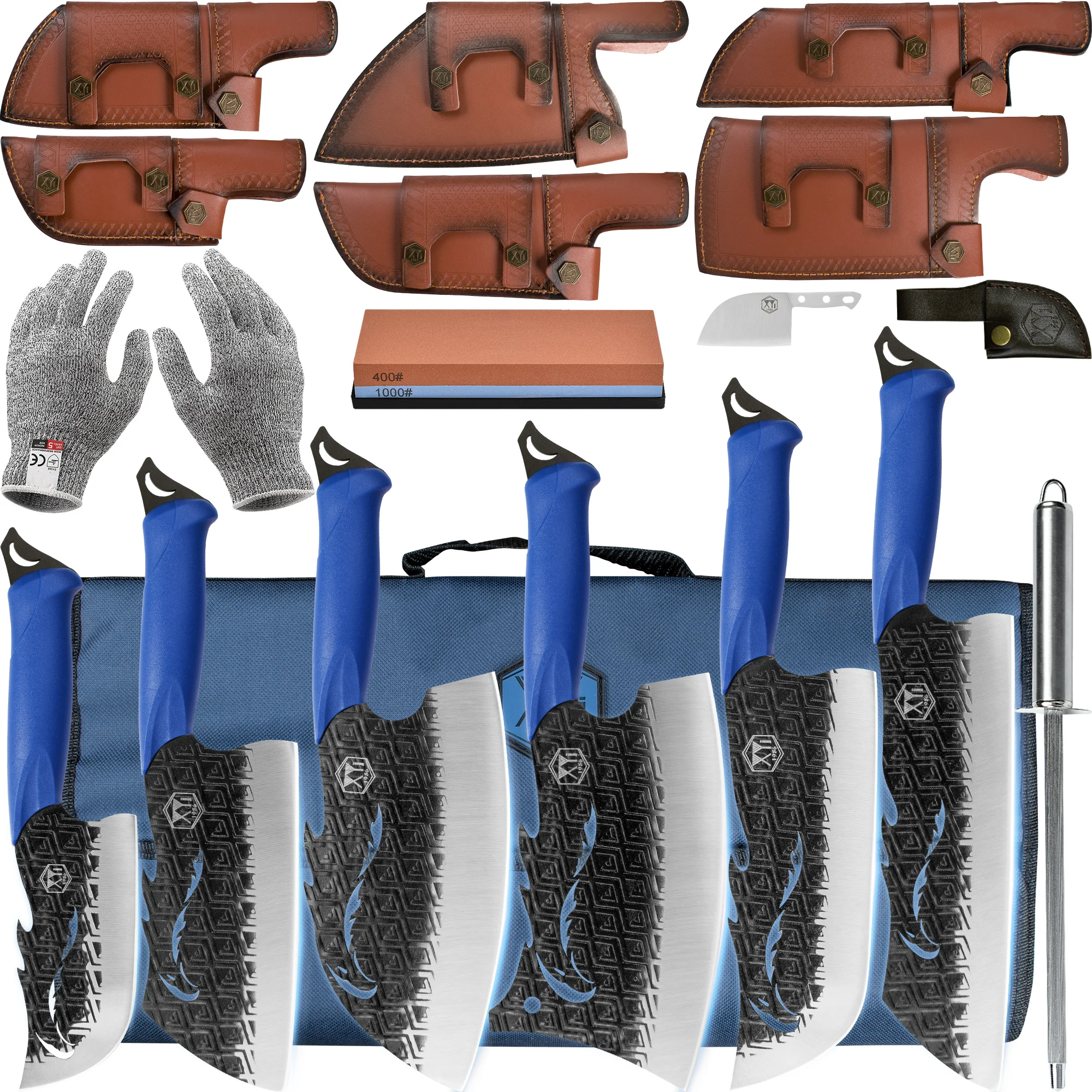 

XYJ Belt Loop Outdoor Camping Knife Set Roll Bag Carry Leather Sheath Blade Guard Stainless Steel 6pcs Butcher Knives Kit