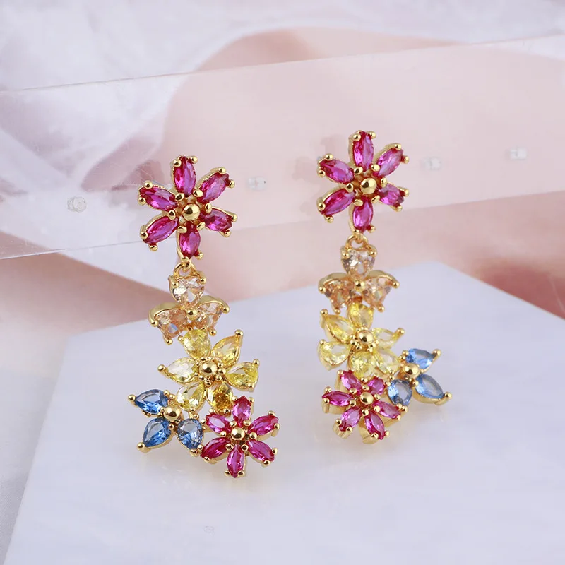 

Luxurytreasury Spring series shining colorful zirconium stone Sen series flowers love petals flowers sweet Earrings,fasionable