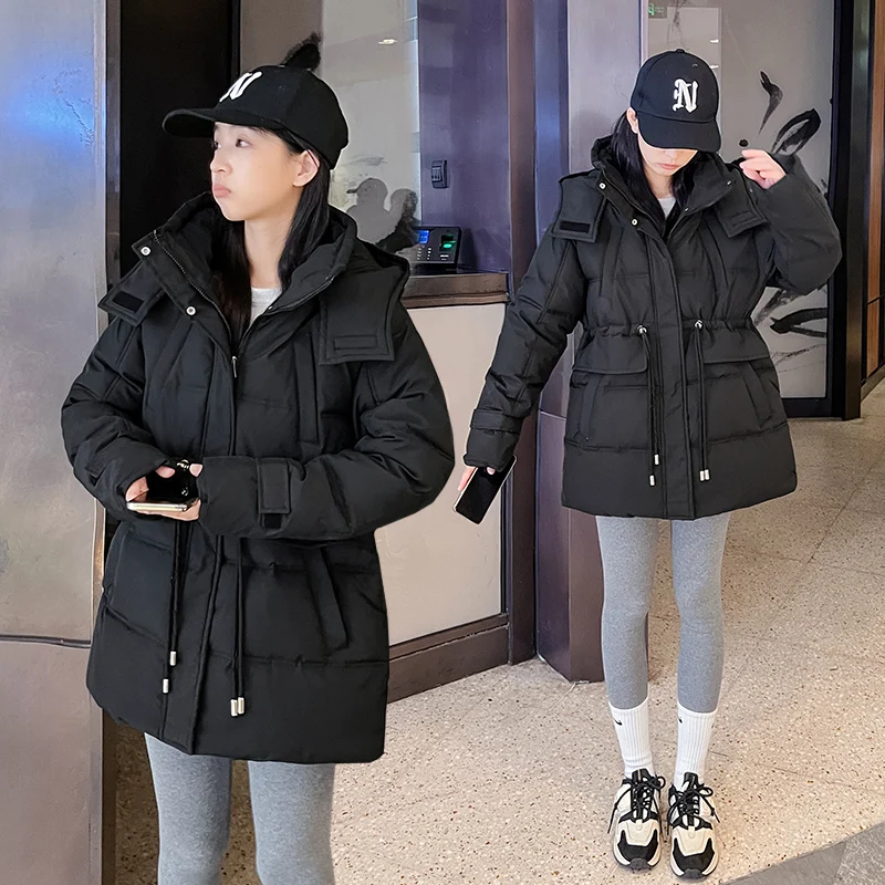 Winter Women Hooded Down Coat Lady Soft Loose Down Cotton Jacket Blue Adjustable Waist Parkas Outwear