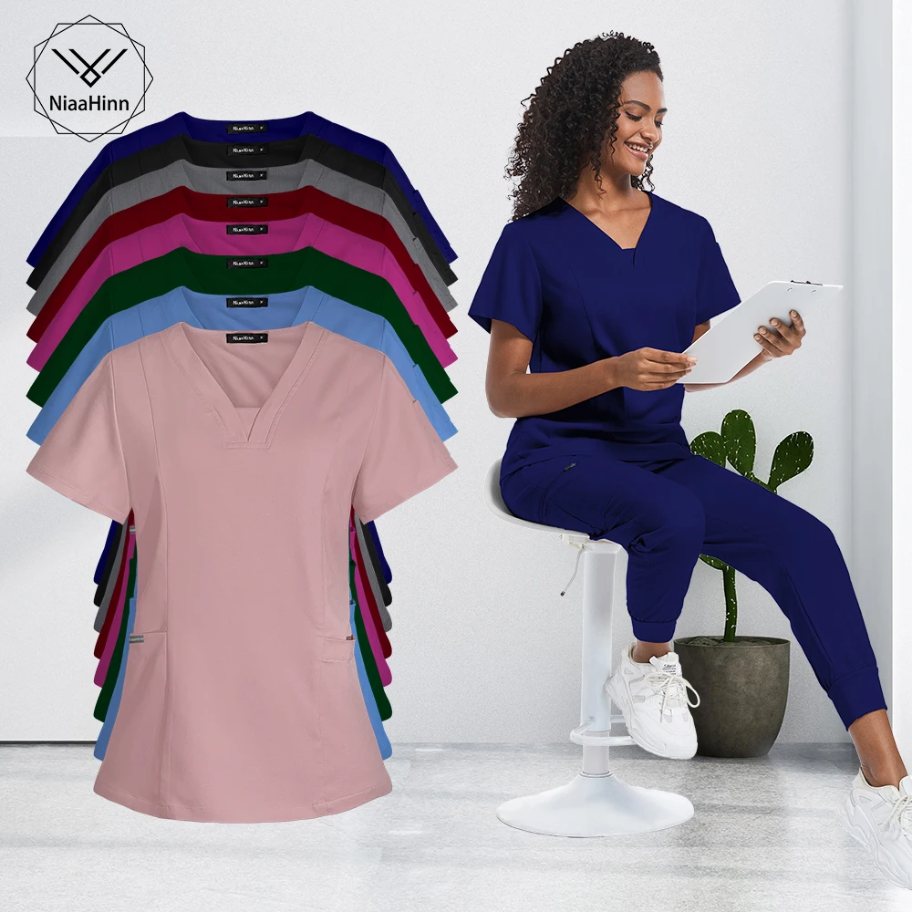 

Униформа медсестры для мужчин и женщин, набор медицинских скрабов твердых материалов для химической лаборатории, рабочая одежда унисекс для врачей, дантистов, салонов красоты, рабочая одежда