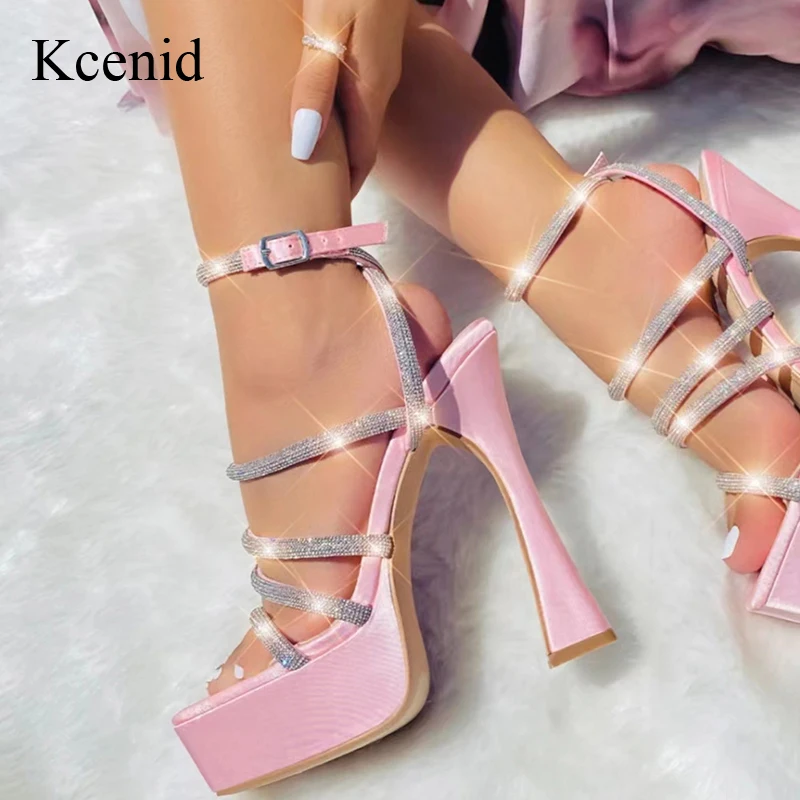 

Kcenid Sexy CRYSTAL Narrow Band Platform Pumps Fashion Open Toe Summer Square High Heels Sandals Party Nachtclub Stripper Shoes