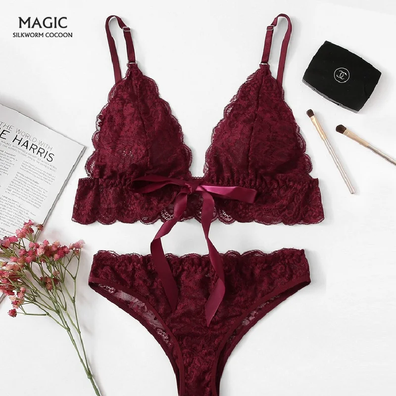 

Transparent Sexy Embroidery Lace Adjustable Underwear Bow-knot Women Ultra Thin Gathered Romantic Erotic Lingerie Sets Bra Thong