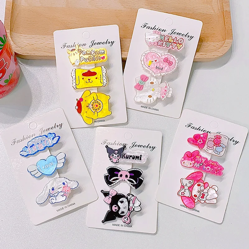 

3Pcs/Set Kawaii Cinnamoroll Kuromi My Melody KT Sanrioed Cartoon Duckbill Clip Simple Hair Accessories Girl Heart Hair Card Gift