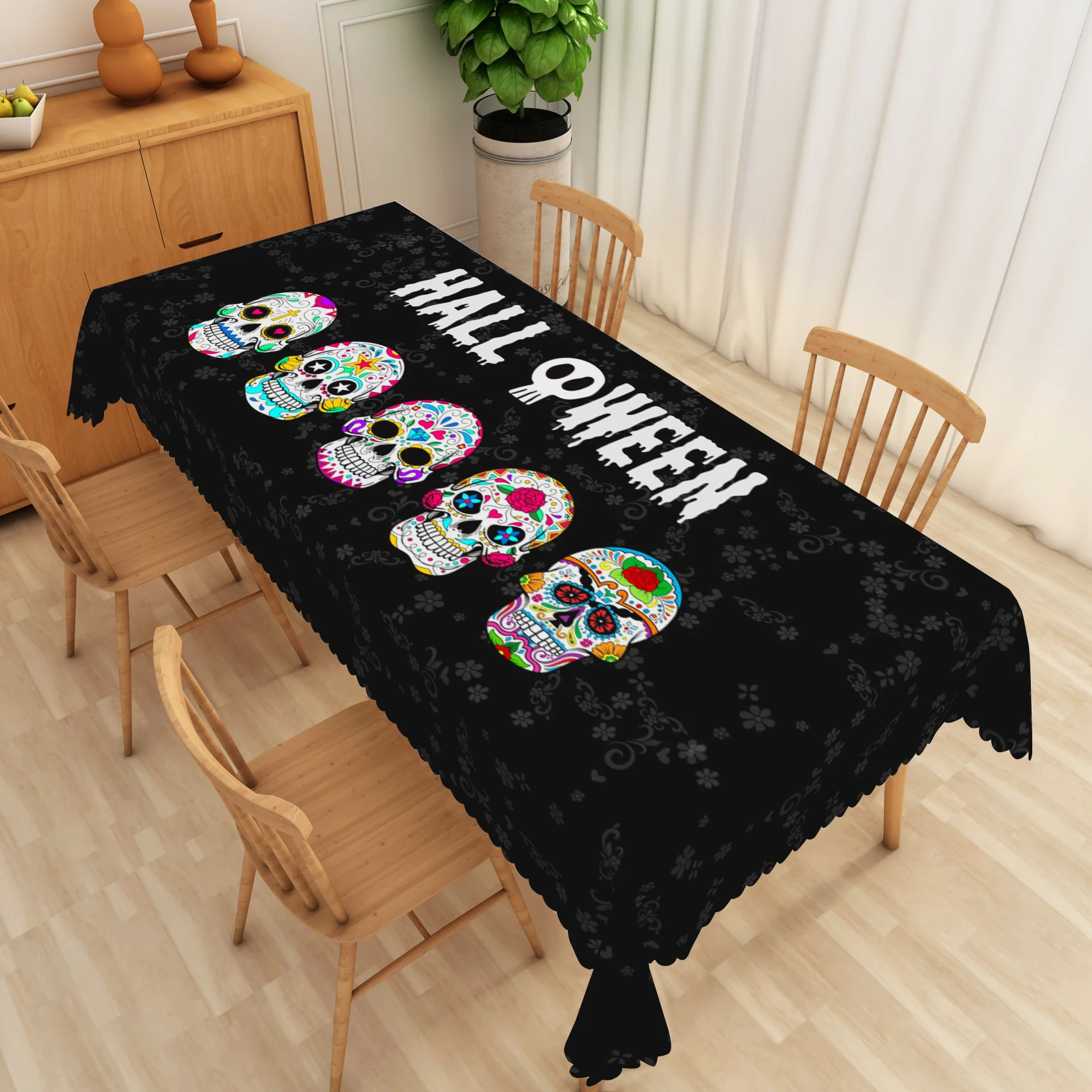 Полиэстеровый прямоугольный столик на День мертвых мексиканского карнавала с изображением сахарных черепов, водонепроницаемый, подходит для вечеринок и декорирования кухни.