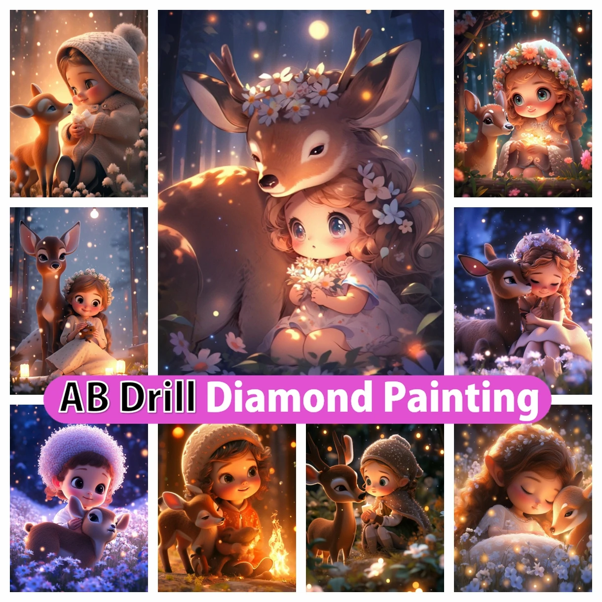 

Beautiful Cartoon Girl AB Diamond Painting Embroidery Fantasy Cute Deer Cross Stitch Mosaic Rhinestones Handicraft Home Decor