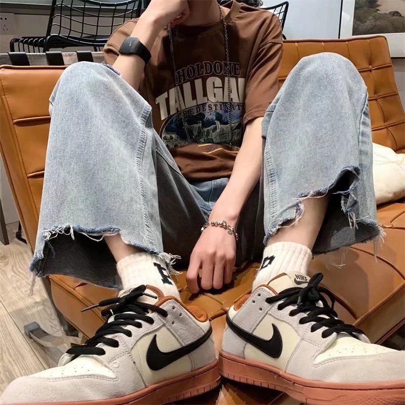 Summer Blue Ripped Jeans Men Fashion Casual Wide Leg Jeans Men Streetwear Loose Hip Hop Hole Denim Pants Mens Trousers S-5XL