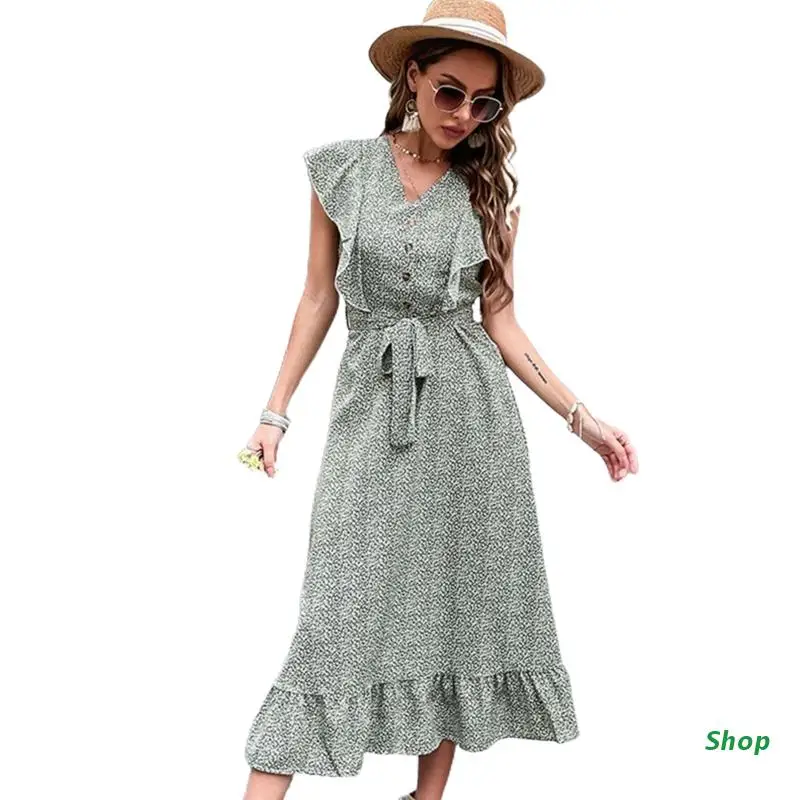 

L5YC Fashion Casual Slim Fit Dress Bandage Floral Pleated Midi Dress for Young Girls