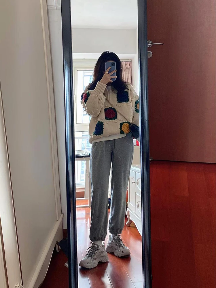 Женский винтажный длинный свитер с высоким воротом и цветочным принтом