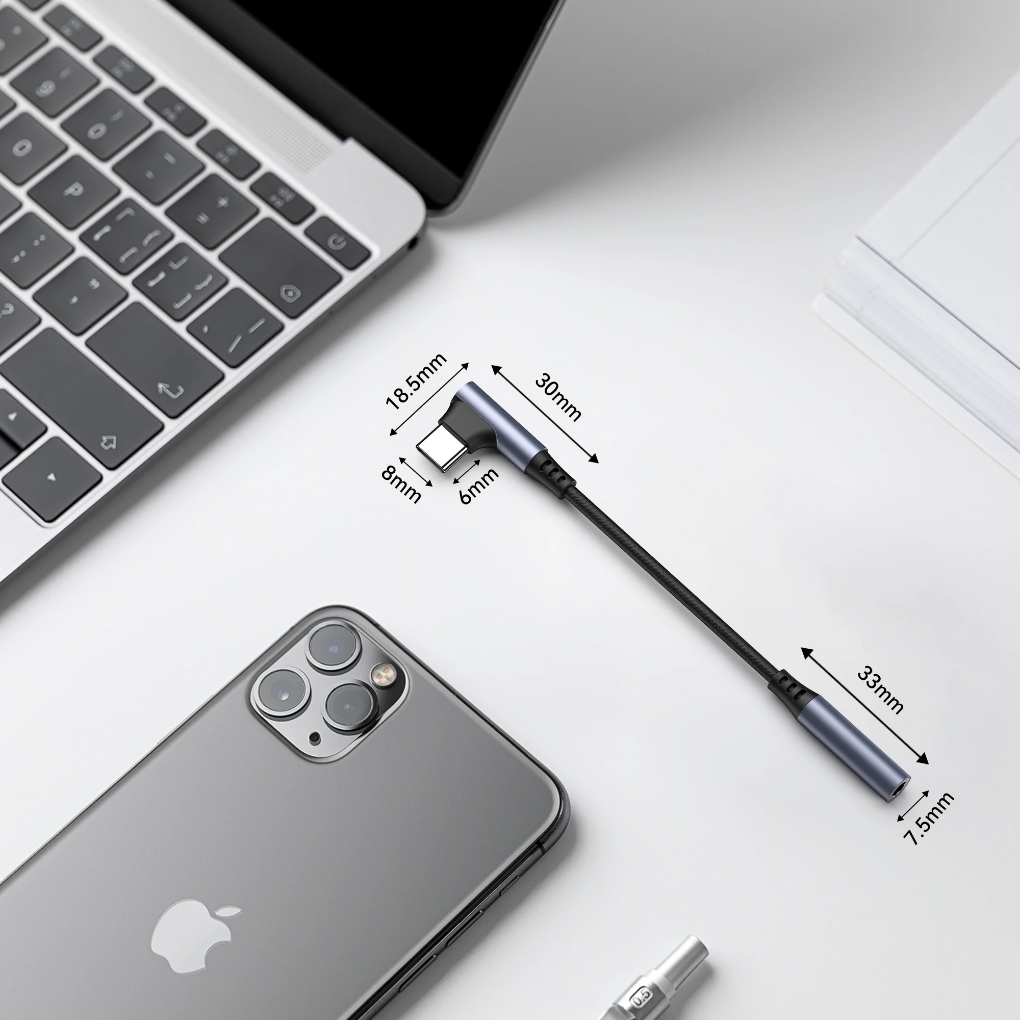 Фото L-образный адаптер для наушников типа C на разъем 3,5 мм, USB-C, аудиокабель 3,5 мм, конвертер для Ipad Iphone 16, Samsung Huawei Xiaomi Google №5