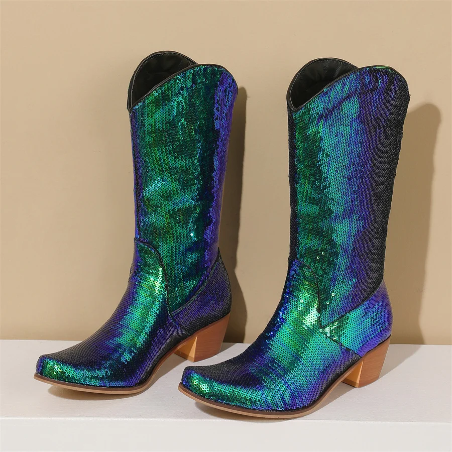 

Женские ковбойские ботинки, ковбойские ботинки до середины икры с блестками и изогнутым носком, на массивном каблуке, большой размер 43, для зимы, 2023