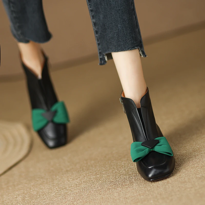 

Женские ботильоны на высоком каблуке, зимние дизайнерские зеленые полусапожки с бантом и квадратным носком, 2023